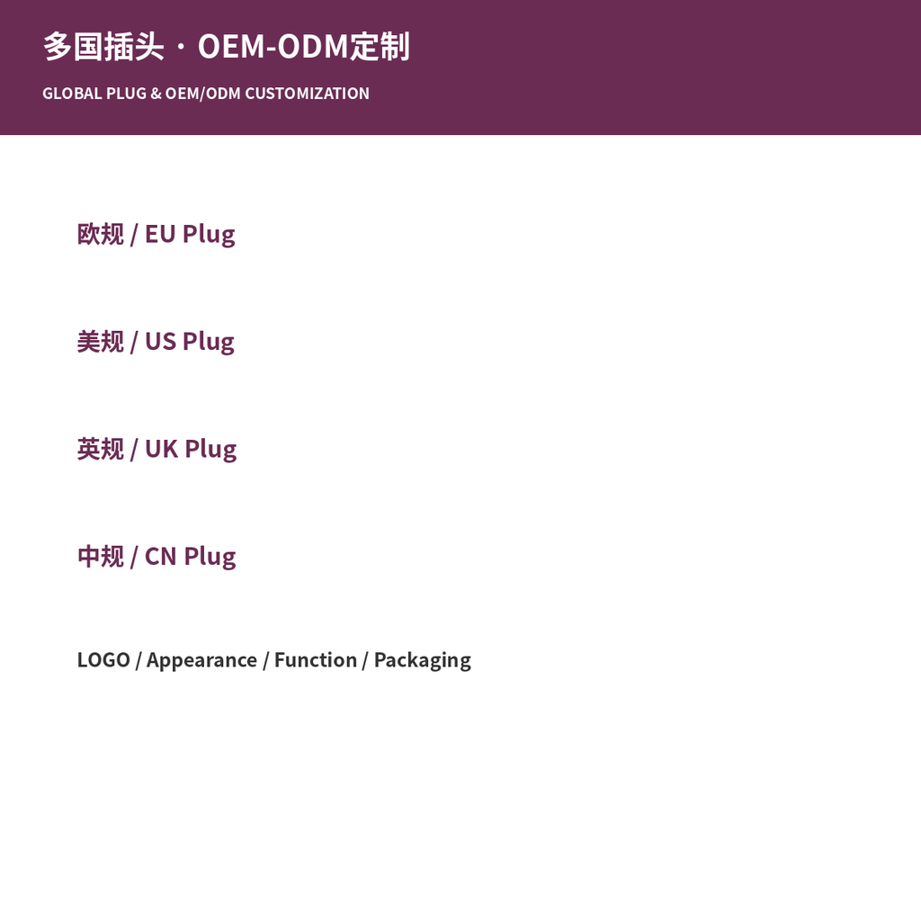 EU US UK and China plug options with OEM ODM customization